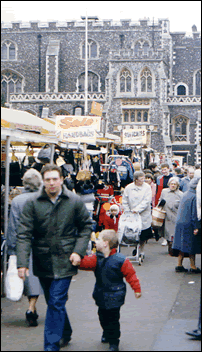 A view of the old Norwich market with Guildhall Hill in the background
